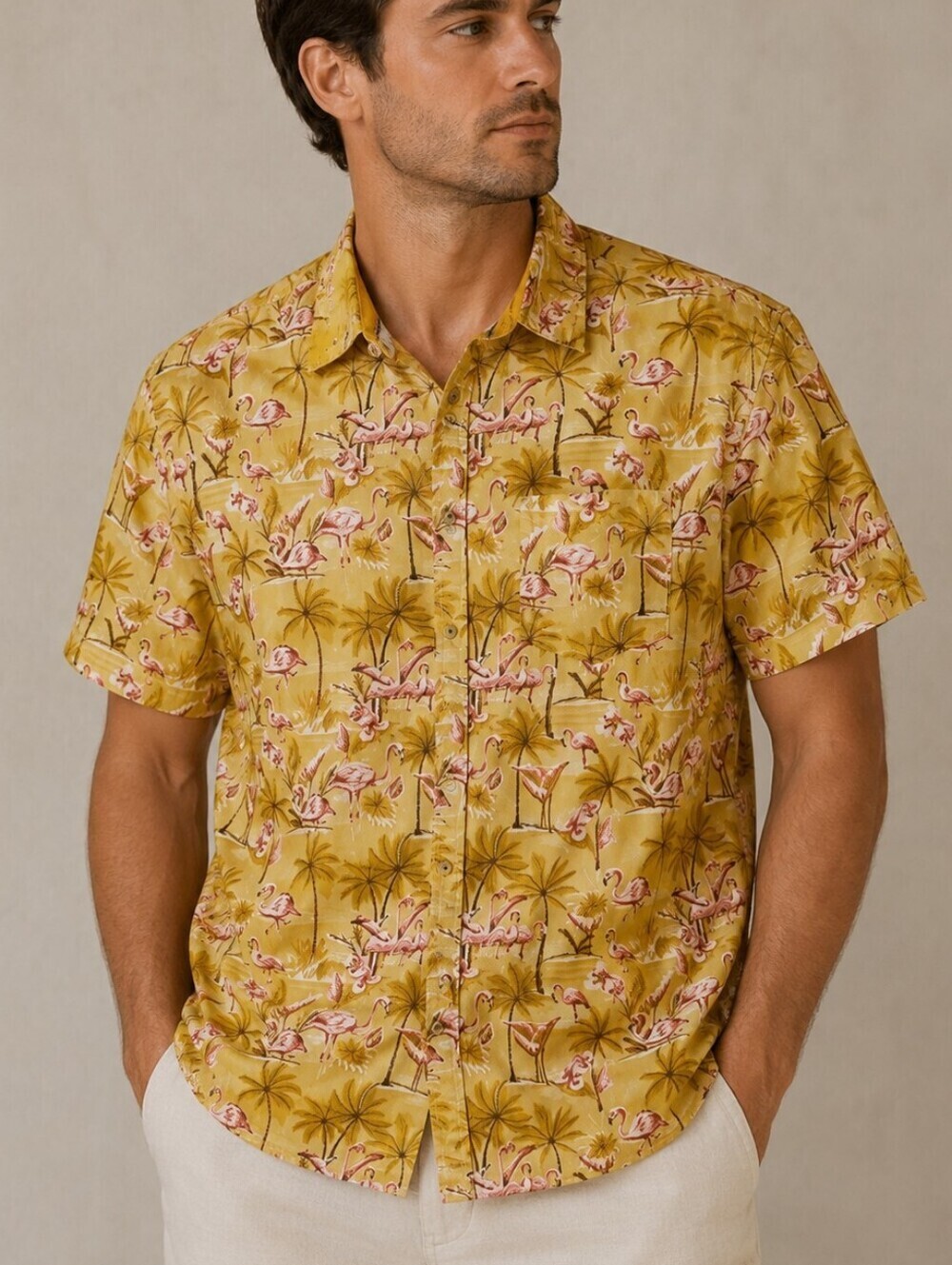 DITCH PLAINS Flamingo Hawaiian Tropical Button Down Short Sleeve Tiki Shirt